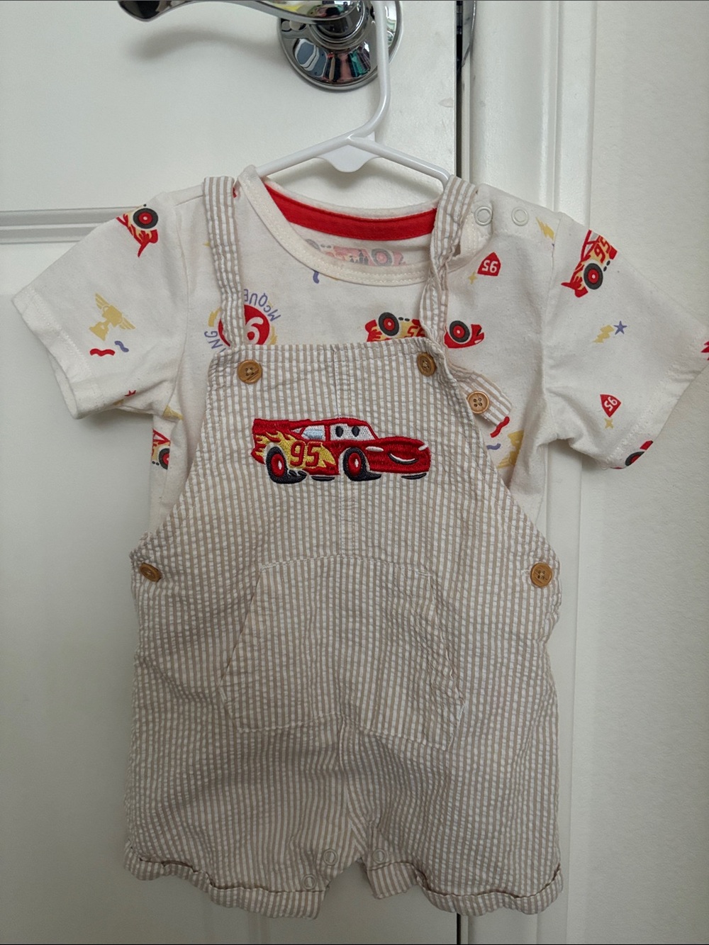Disney Red Race Car Stripe Overalls Set Lighting McQueen